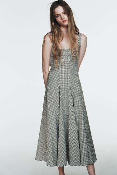 GINGHAM CHECK MIDI DRESS - White / Green by Zara