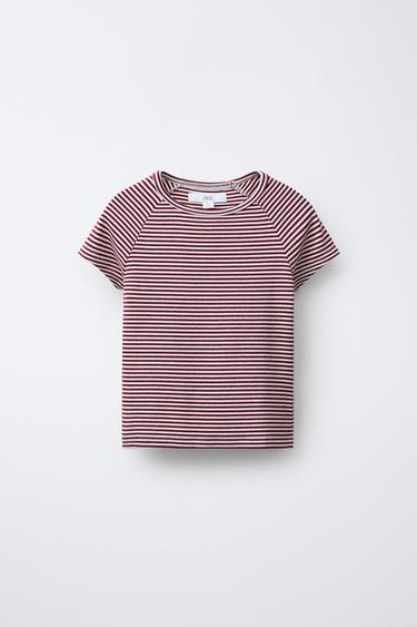 STRIPED RAGLAN SLEEVE T-SHIRT WITH MODAL - White / Red by Zara