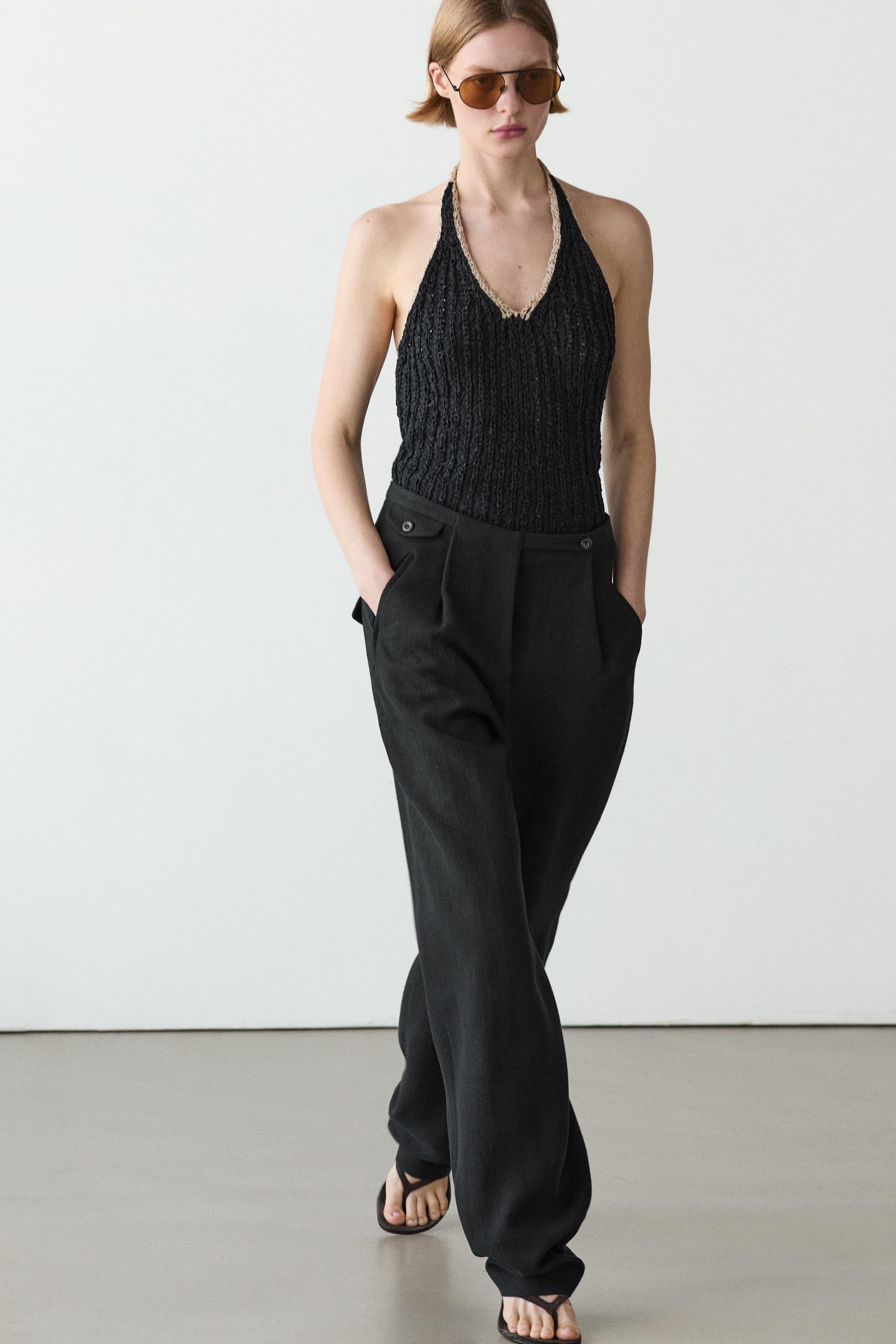 Flowing linen blend trousers with pocket details — Black