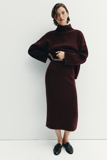 FALDA MIDI PUNTO - Burgundy de Zara