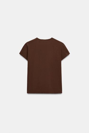 SHORT SLEEVE SLOGAN T-SHIRT - Brown by Zara - Image 4