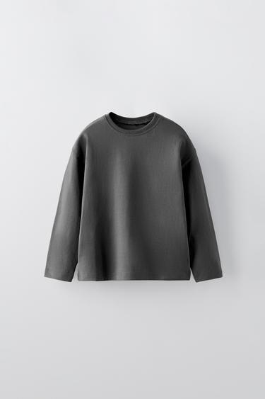 Zara T-shirt with round neck and long sleeves. Label appliqué at back hem. - Dark anthracite - Image 0