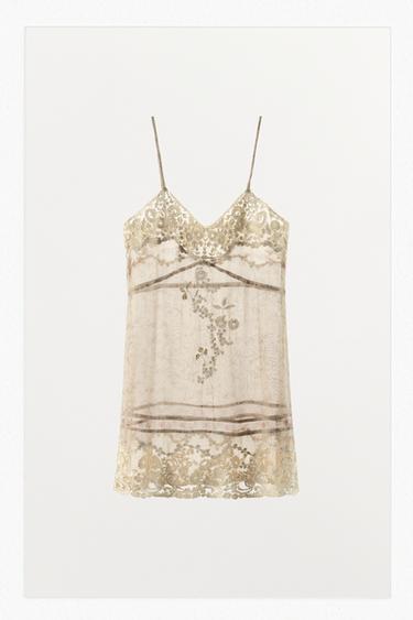 VESTIDO ORGANZA ESTAMPADO BORDADOS - Crudo de Zara
