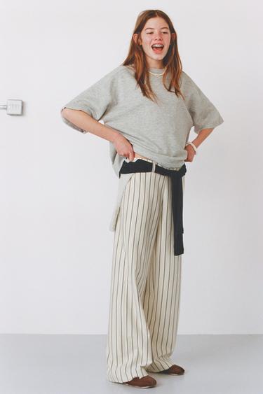 PANTALÓN PUNTO ROMA WIDE LEG RAYAS - Crudo de Zara