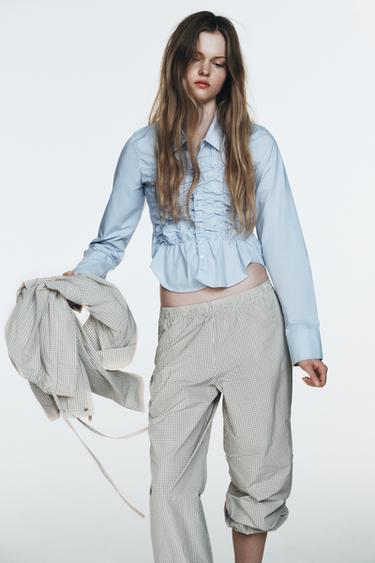 PANTALON BOUFFANT NYLON À CARREAUX - Blanc / Noir de Zara - Image 2