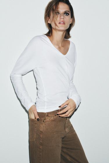 COTTON V-NECK T-SHIRT - White by Zara - Image 1