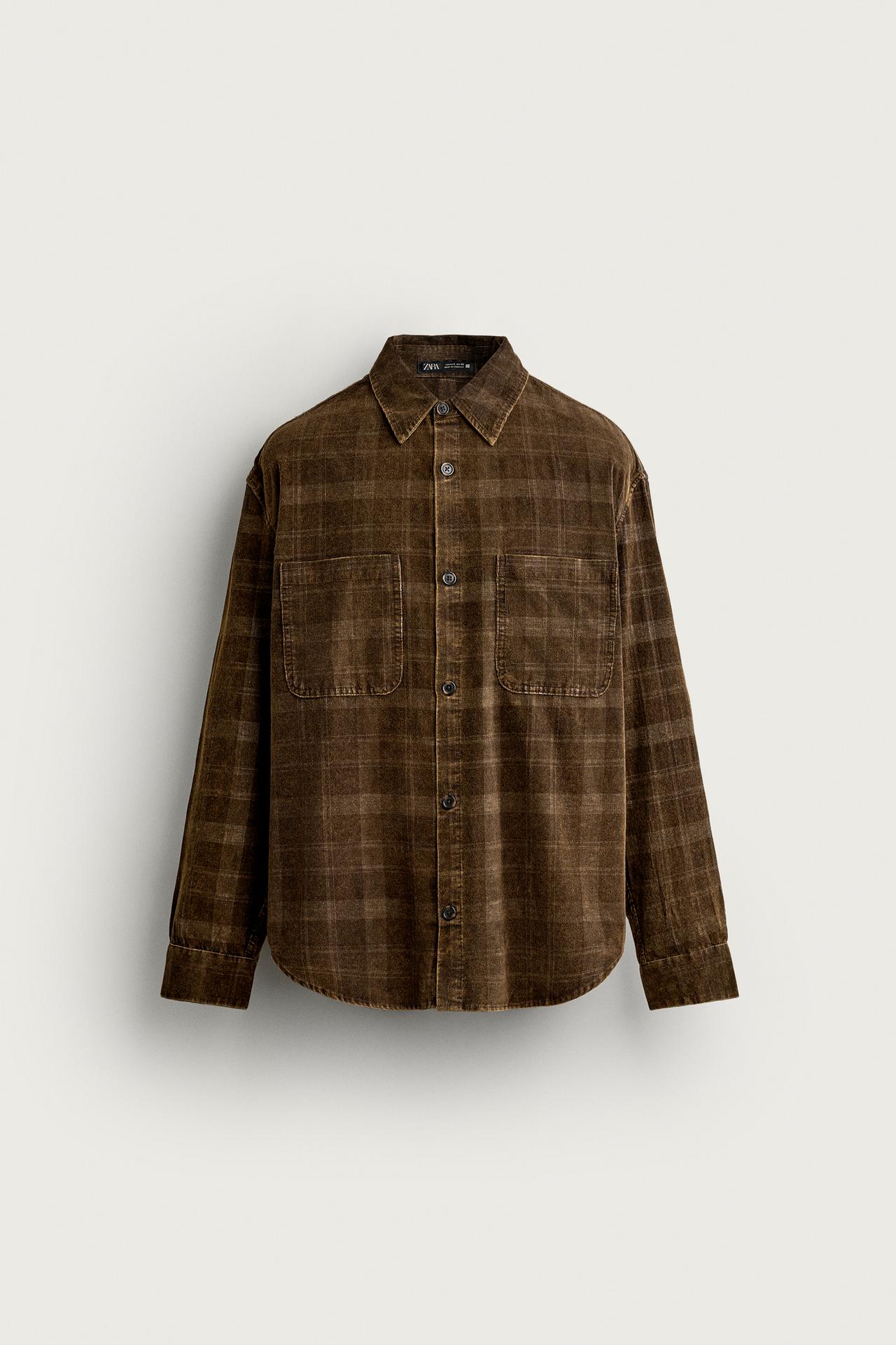 WASHED PLAID CORDUROY SHIRT — Brown