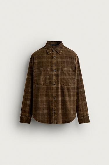 WASHED PLAID CORDUROY SHIRT — Brown 1