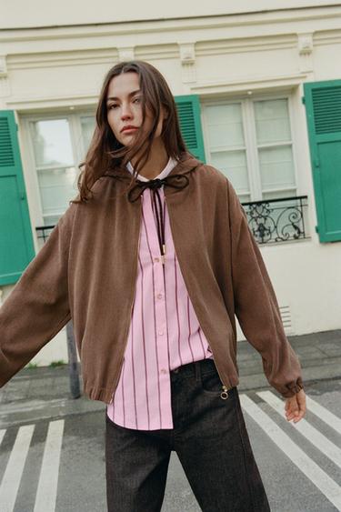 Zara HOODIE BOMBER JACKET - taupe brown