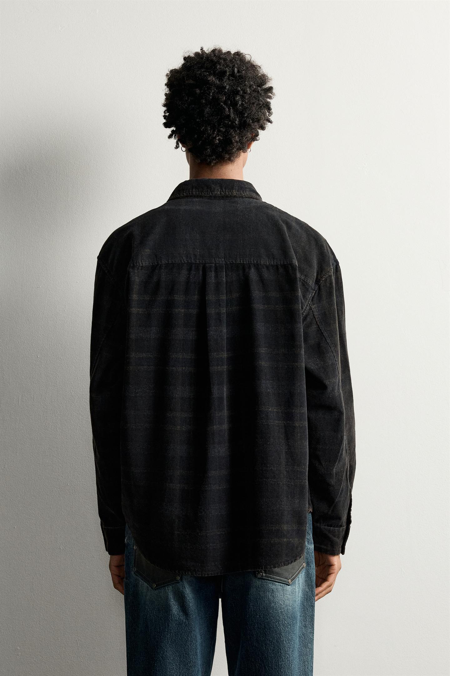 Мужская рубашка Zara Washed Plaid Corduroy, цвет: Чёрный / Белый — фото 3