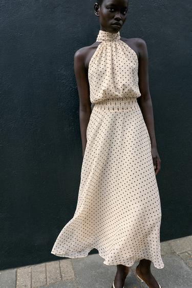 POLKA DOT HALTER MIDI DRESS - Beige-brown by Zara