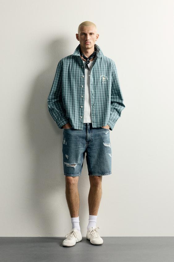 CAMISA CROPPED FIT CUADROS ESTAMPADO BORDADO - Verde de Zara - Imagen 0