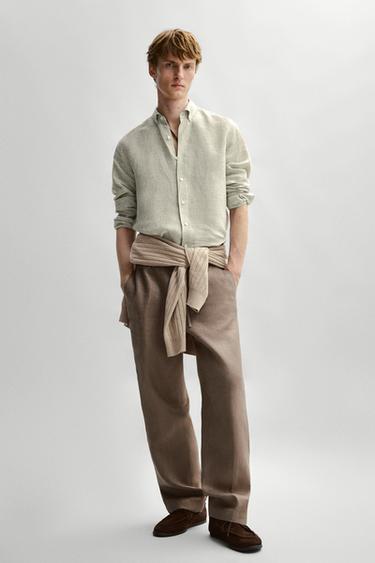Zara 100% linen regular fit striped shirt - Green - Image 0