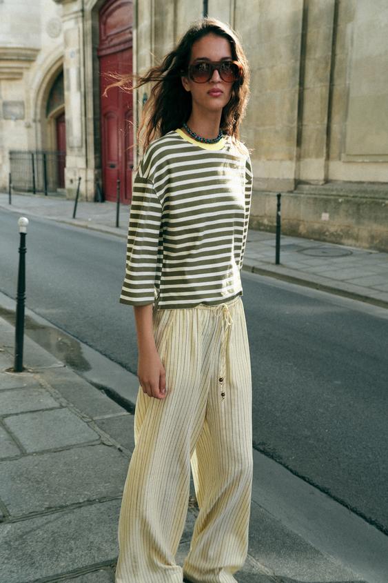 CONTRAST STRIPED T-SHIRT - Green / Ecru by Zara - Image 0