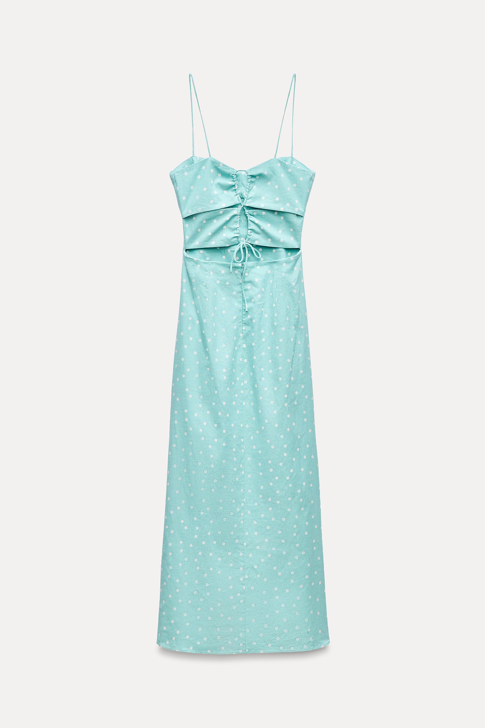 LINEN BLEND POLKA DOT MIDI DRESS Light turquoise ZARA United States