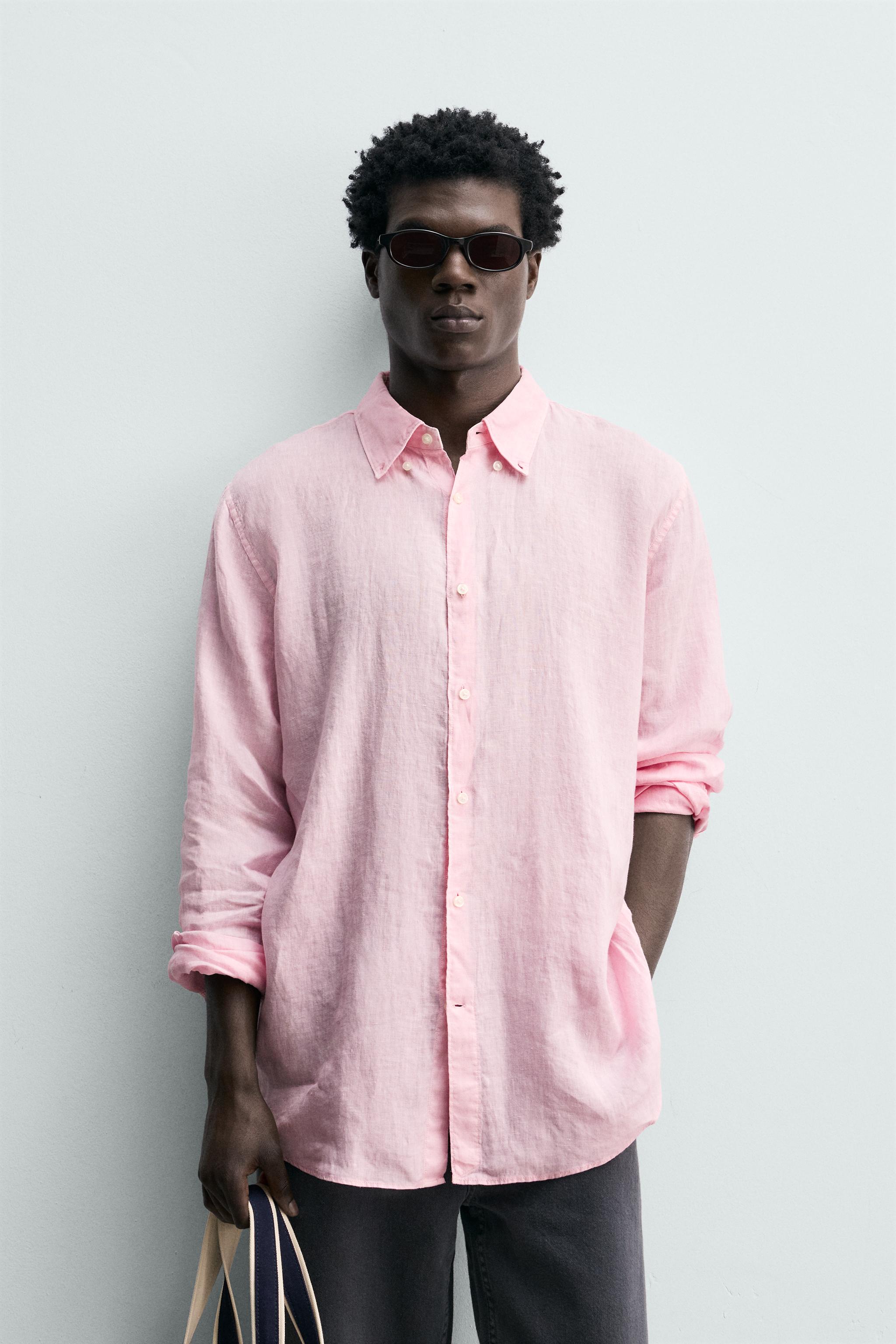 REGULAR FIT 100% LINEN SHIRT — Pink