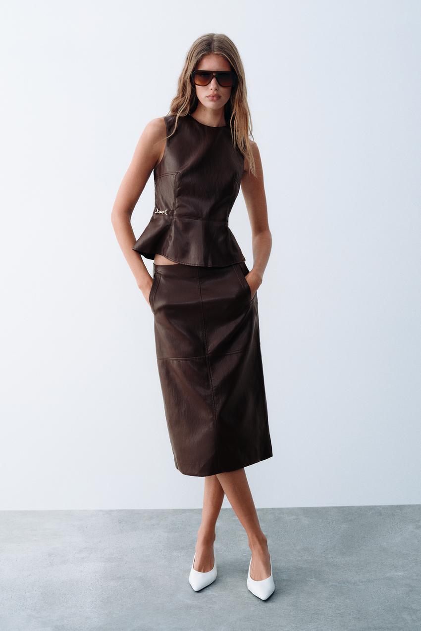 FAUX LEATHER EFFECT MIDI SKIRT - Burgundy