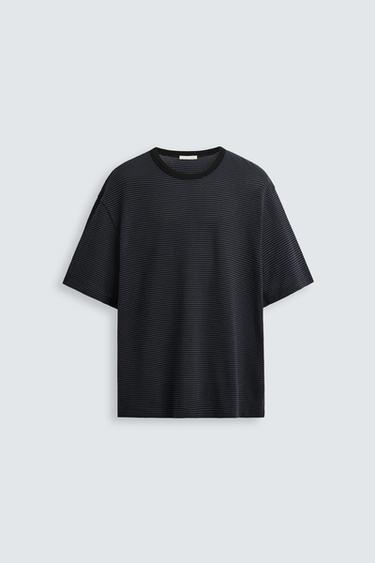Zara JACQUARD STRIPED T-SHIRT - Blue / Black