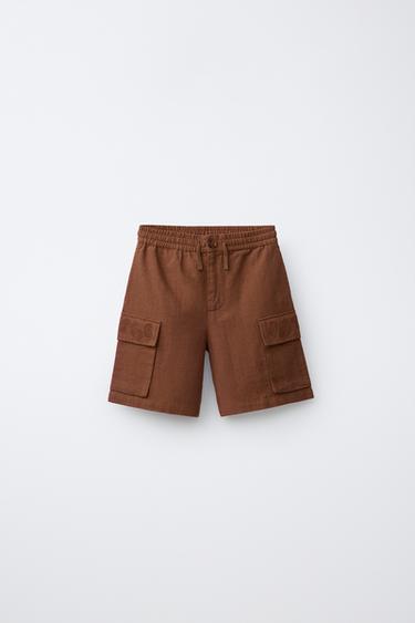 BERMUDASHORTS MIT STICKEREI AUS LEINEN UND BAUMWOLLE - Rosttöne von Zara