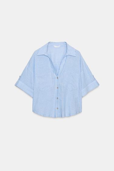Zara STRIPED CROP SHIRT - Blue / White