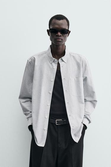 Zara TEXTURED STRIPED OXFORD SHIRT - Green stripe