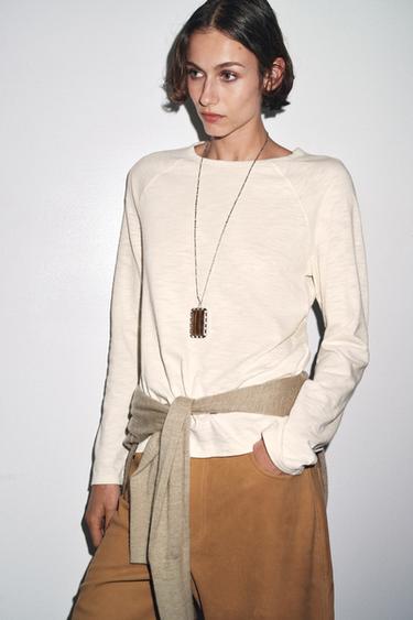 T-SHIRT MANCHES RAGLAN EN COTON - Sable / Chiné de Zara - Image 3
