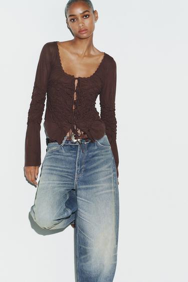 TOP À LACETS ET FRONCES - Marron de Zara - Image 2