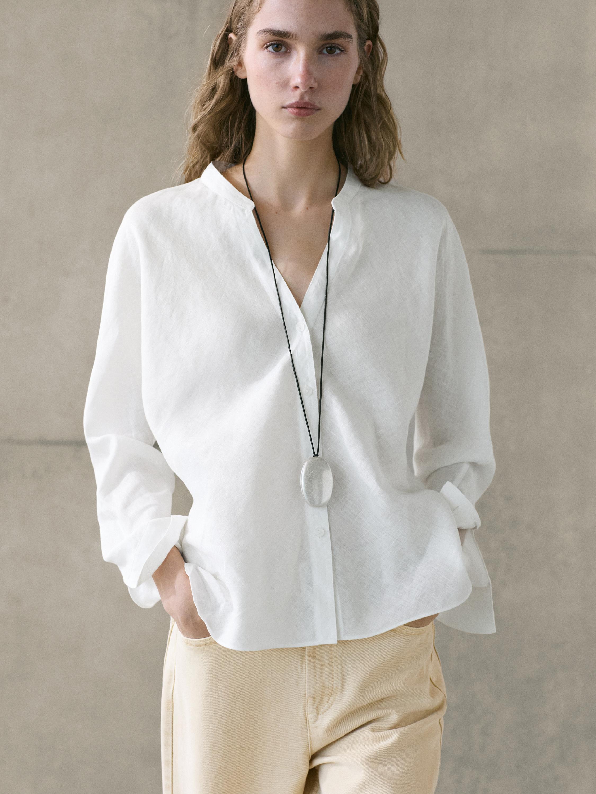 100% linen stand collar shirt — White