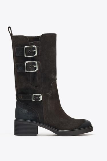 Zara BUCKLED SPLIT LEATHER ANKLE BOOTS - Brown - Image 0