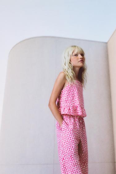 PRINTED LINEN BLEND TOP - Pink / White by Zara