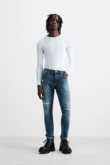 Zara RIPPED SKINNY FIT JEANS - Mid-blue