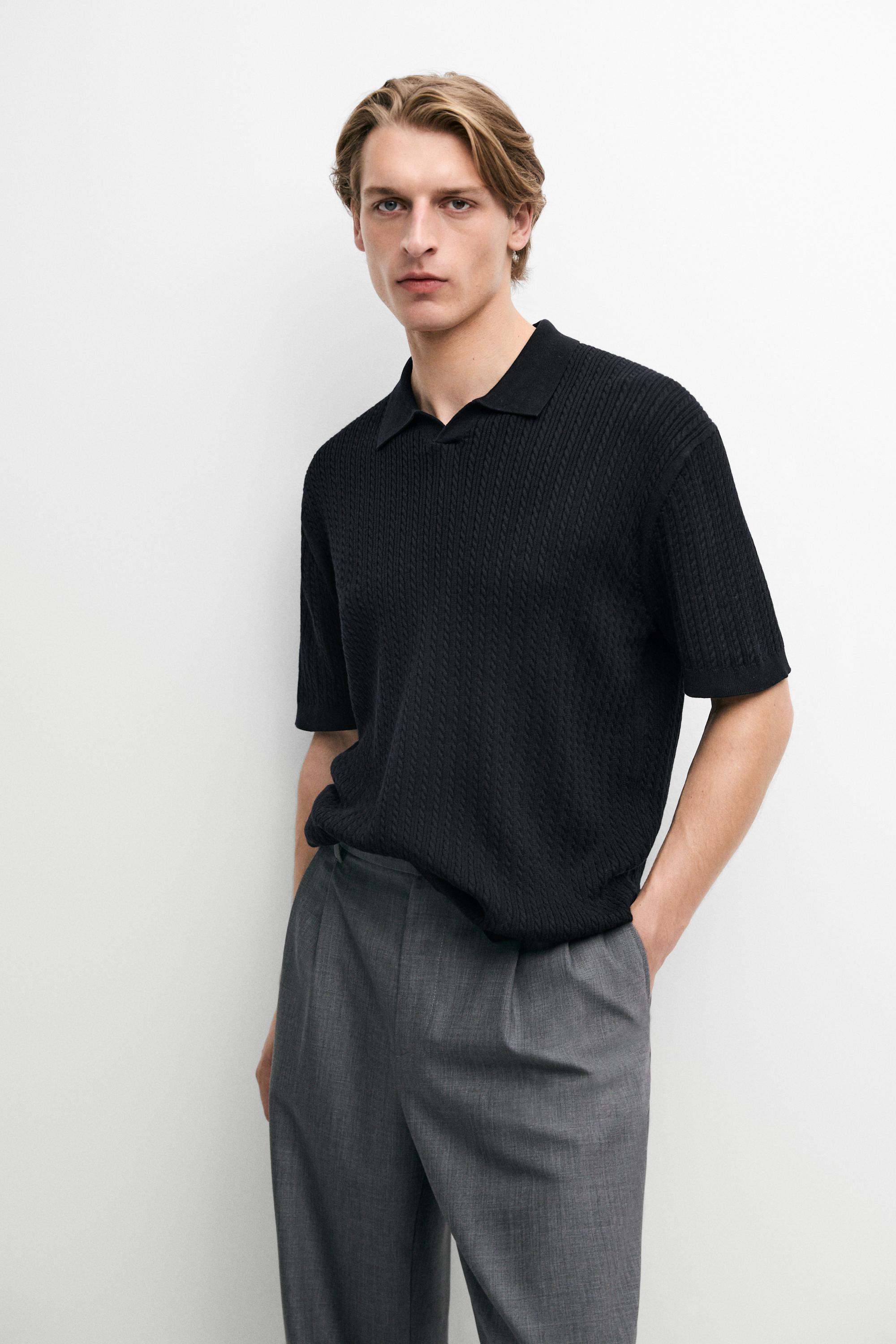 100% cotton cable-knit polo sweater — Navy blue