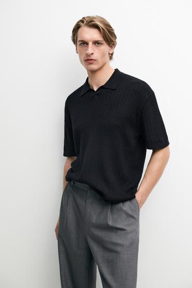 Zara 100% cotton cable-knit polo sweater - Navy blue