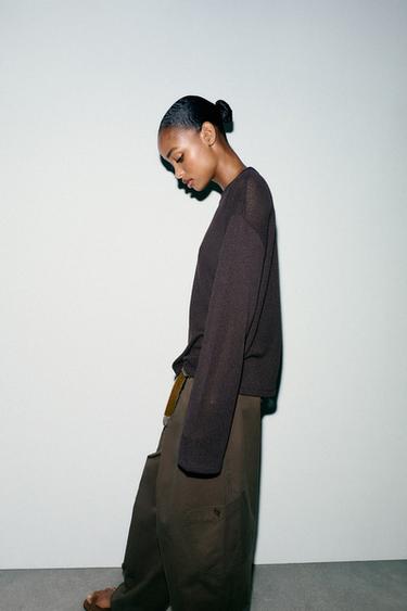 Zara CUT OUT KNIT TOP - Dark eggplant