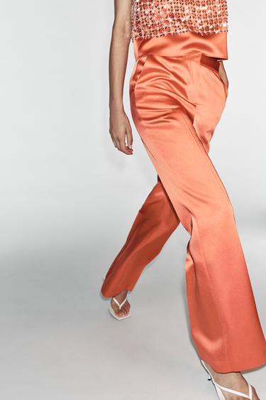 Zara SATIN STRAIGHT-LEG TROUSERS - Orange