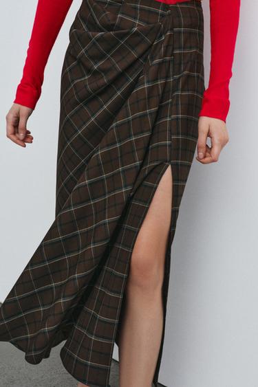 Zara ZW COLLECTION DRAPED PLAID SKIRT - Brown