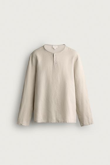 ヘンプ＆コットン ヘンリーネックシャツサンドZaraのヘンプ＆コットン ヘンリーネックシャツ - サンド 