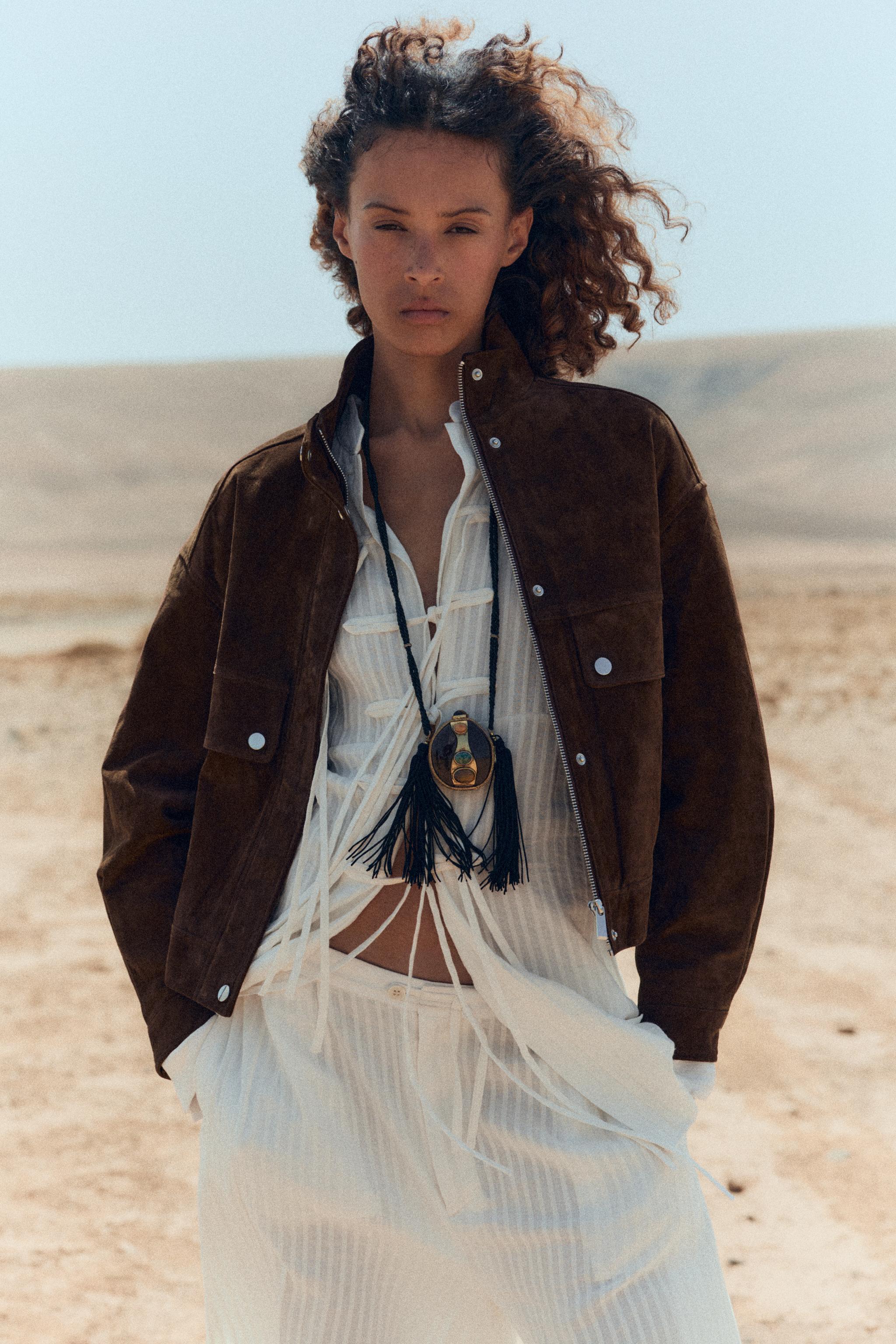 SUEDE LEATHER BOMBER JACKET WITH POCKETS - Brown marl | ZARA