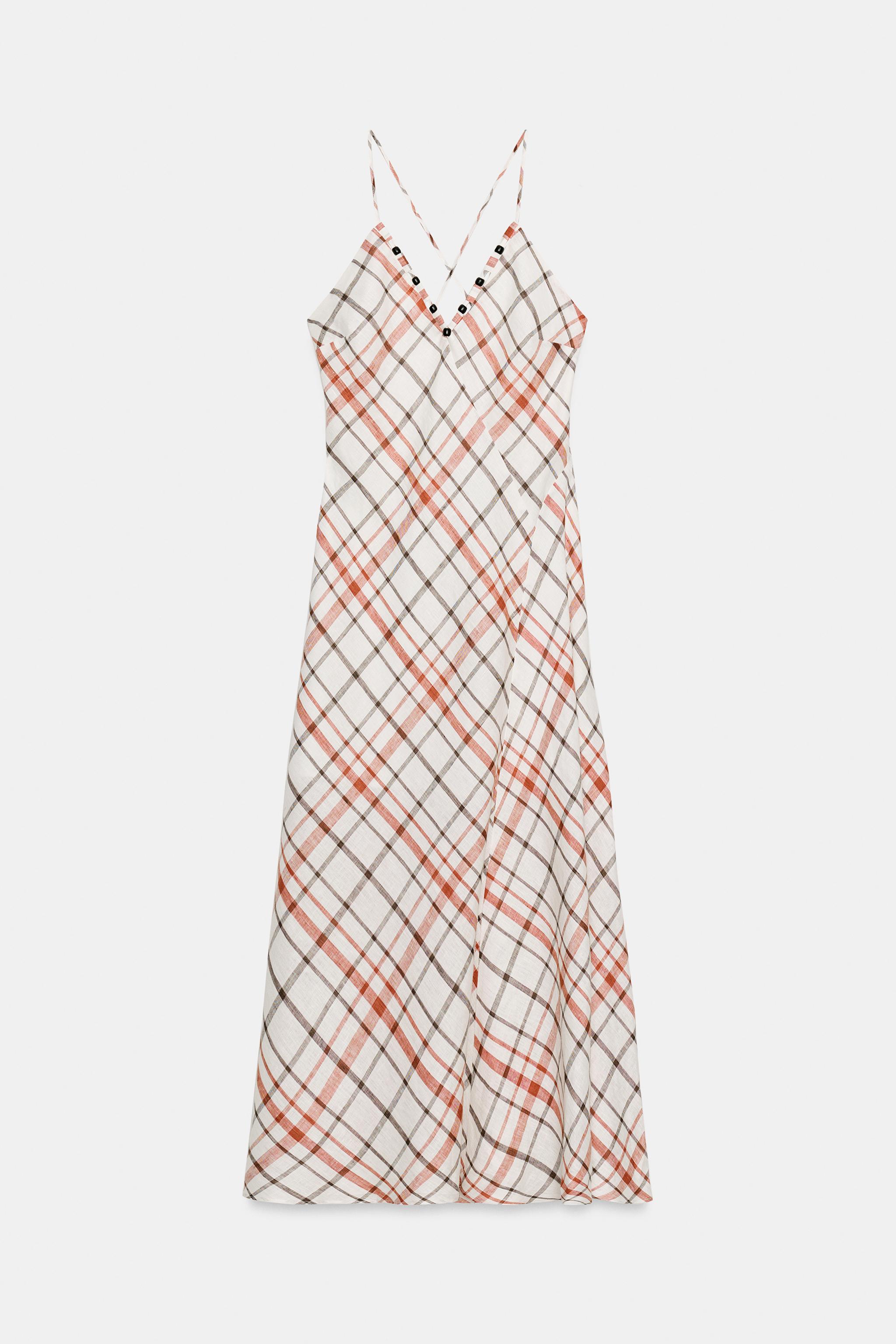 PLAID LINEN BLEND MIDI DRESS