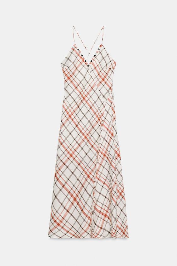 zara checked midi dress PLAID LINEN BLEND MIDI DRESS - Multicolored