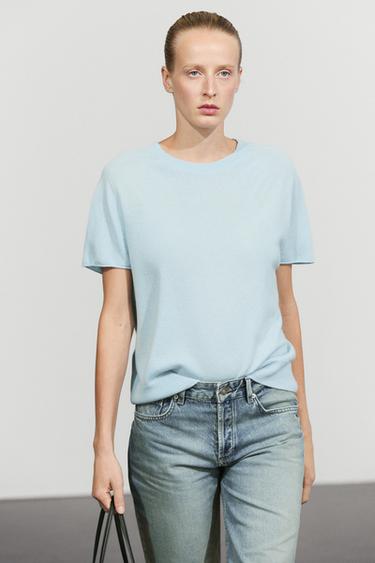 100% cashmere short sleeve knit sweater — Sky blue 2