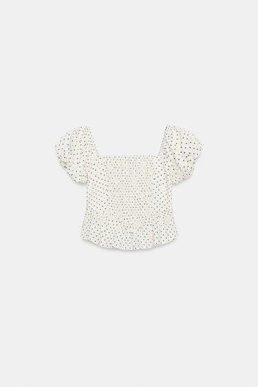 TOP IMPRIMÉ À BRODERIES AJOURÉES - Écru / Bleu marine de Zara - Image 8
