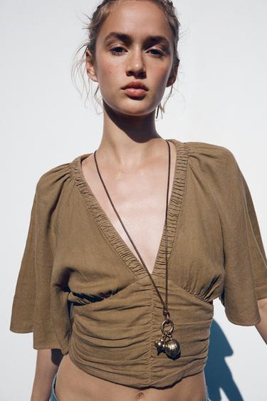 LINEN BLEND BLOUSE WITH RUFFLE SLEEVES - Toffee by Zara