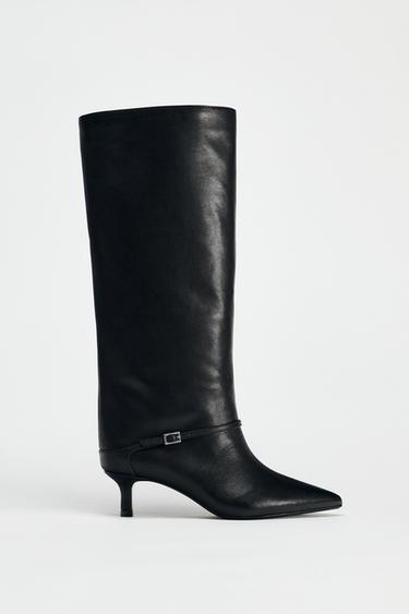 LEATHER KITTEN HEEL ANKLE BOOTS WITH BUCKLE - Black by Zara
