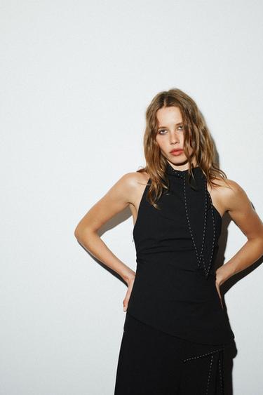 TOP WITH KNOT AND TOPSTITCHING - Black by Zara - Image 1