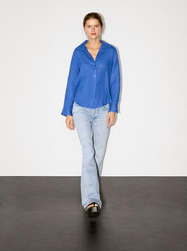 Camisa cuello abierto 100% lino - Marrón de Zara