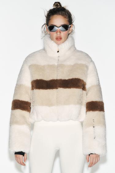 Zara SHORT FLEECE HEIQ XREFLEX™ RECCO® TECHNOLOGY SKI COLLECTION COAT - Ecru / Brown