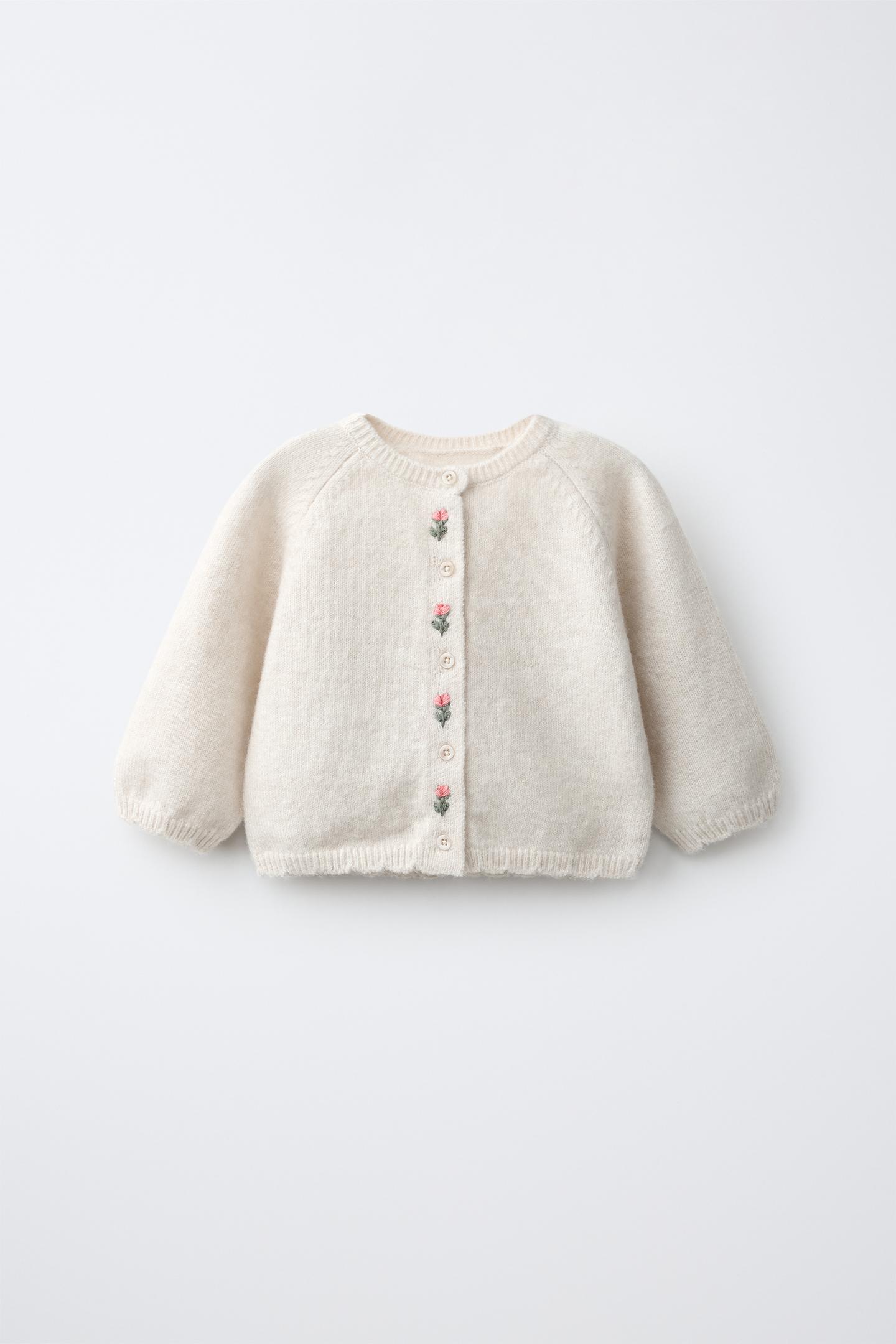 Детский кардиган Zara Cardigan with Floral Embroidery, цвет: Светлый бежевый — фото 1