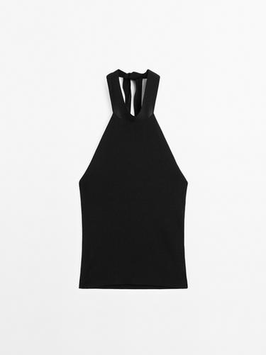 Zara Halter top with tied neck detail - Black