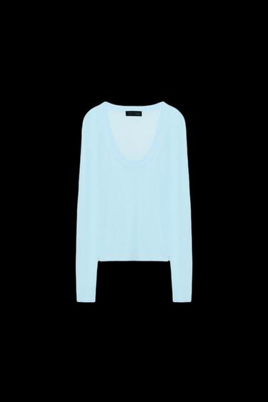 Zara EXTRA-FINE KNIT TOP - Light blue